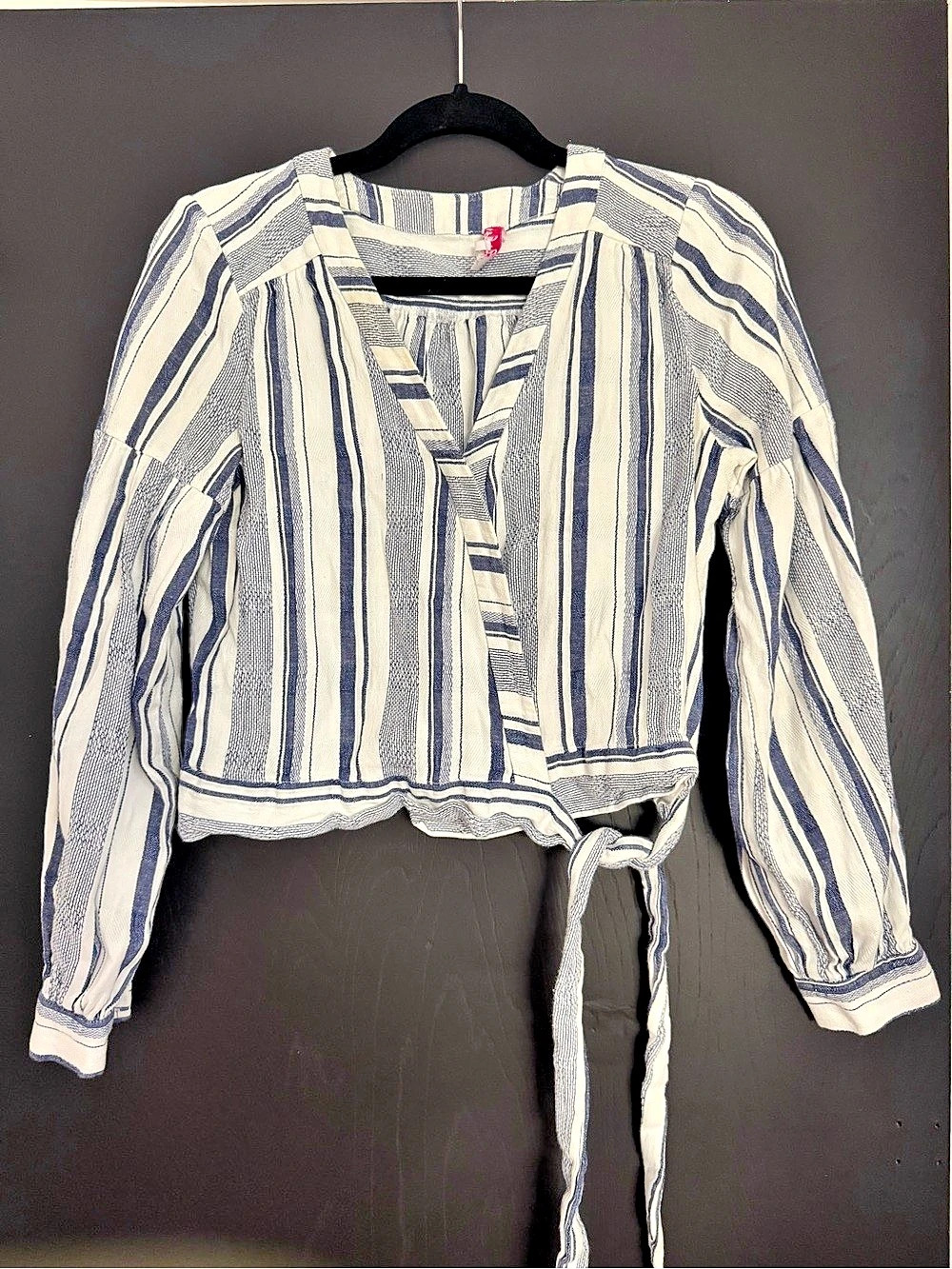 Parker Striped Cotton Tie-Front Blouse in White & Blue Size Medium